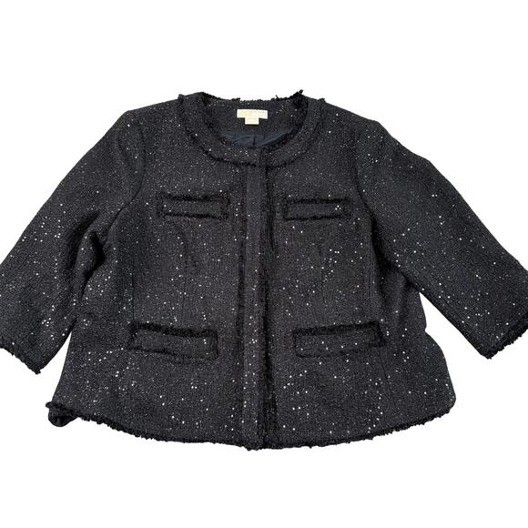 Michael Kors Sz 24W Black Blazer Sequins Shimmer Hidden Snap Jacket Boucle Style - Picture 1 of 12